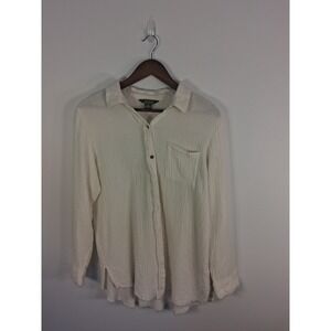 Coastal Boho Natural Reflections Gauze Button Down Women M Ivory Raw‎ Hem Cotton